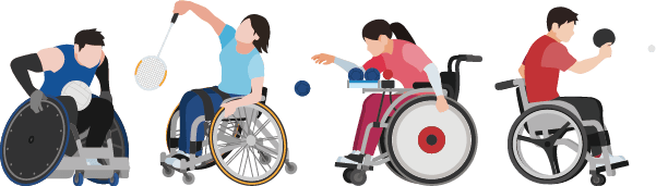 (左から)車いすラグビー、バドミントン、ボッチャ、卓球をする選手のイラスト