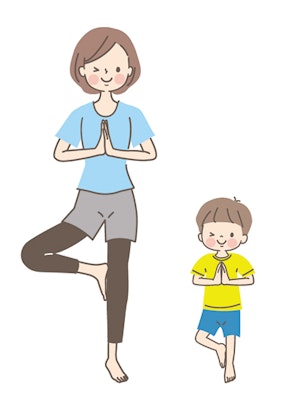 大人と子どもが並んでヨガのポーズをしているイラスト