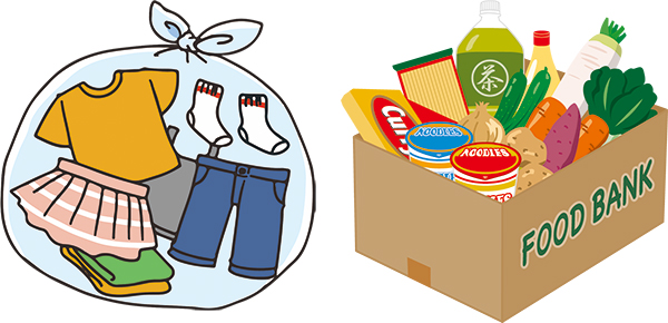 袋に詰められた子供服とフードバンクの段ボールに詰められた食材のイメージイラスト