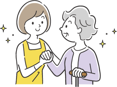 杖をついた高齢者を支える人のイラスト