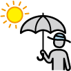 太陽の下で日傘をさして帽子をかぶっている人のイラスト