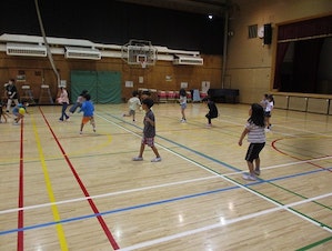児童が体育館でボール遊びをしている写真