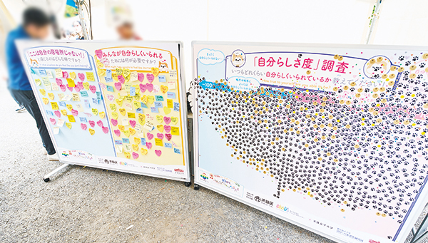 参加者によって付箋やシールが沢山貼られたメッセージボード