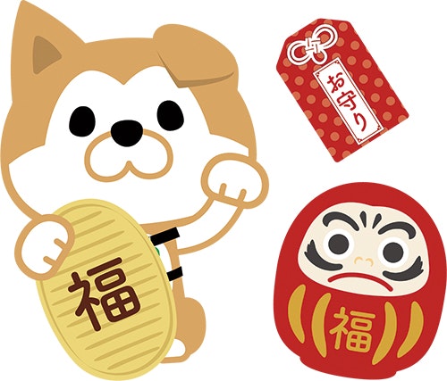 小判をもったシブヤラブハチとお守りや達磨のイラスト