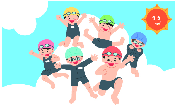 青空と太陽をバックに水着ではしゃぐ子どもたちのイラスト