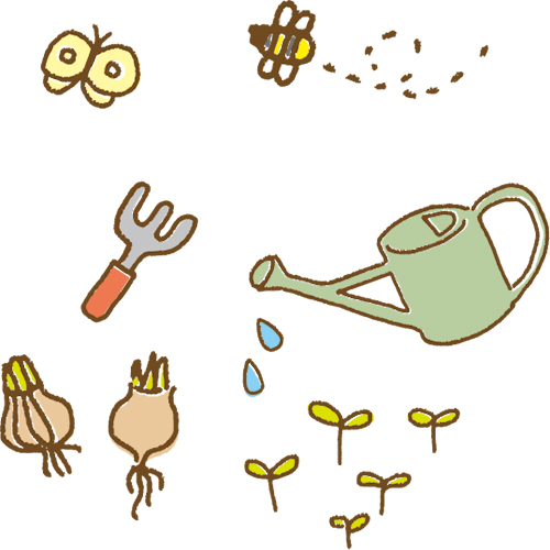 じょうろ、くわ、球根など農園に関するイメージイラスト