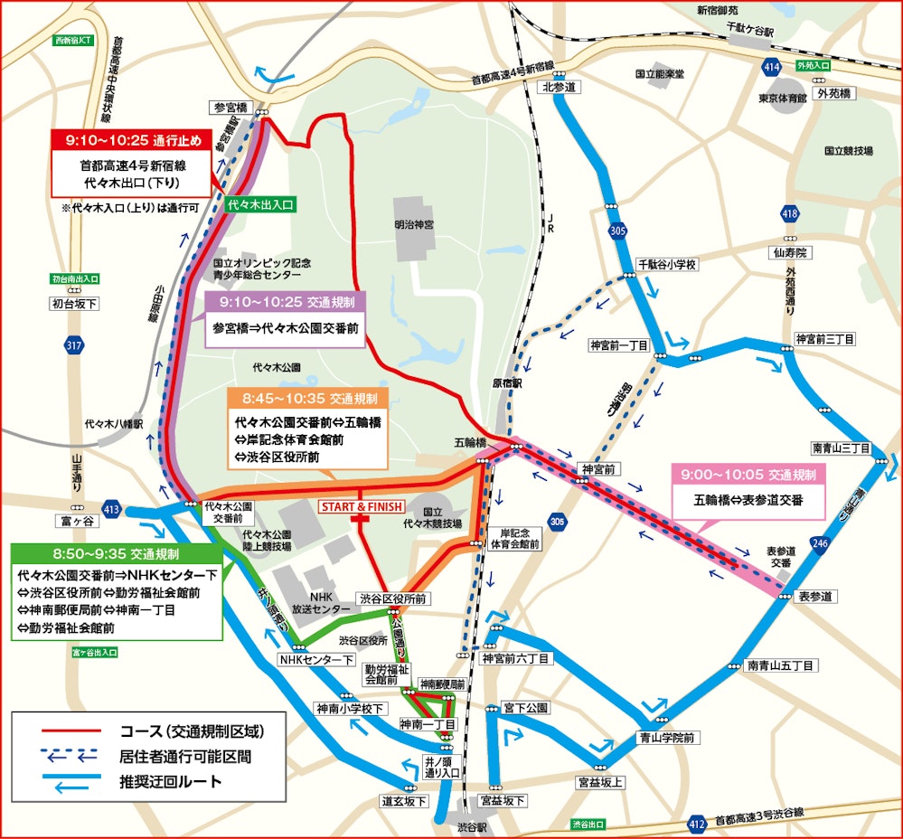 交通規制区域と迂回ルートを示したマップ