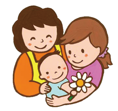 サポート会員が保護者とその子供の肩を笑顔で優しく抱いているイラスト