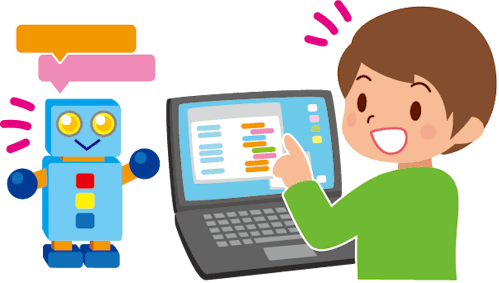 プログラミングを用いてロボットの開発をしている子どものイラスト