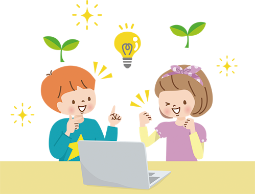 子どもたちがプログラミングに取り組むイメージイラスト