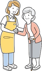 杖をついて立つ高齢者の身体を支える介護者のイラスト