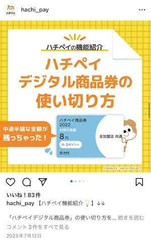 Instagram投稿のスクリーンショット「ハチペイデジタル商品券の使い切り方」