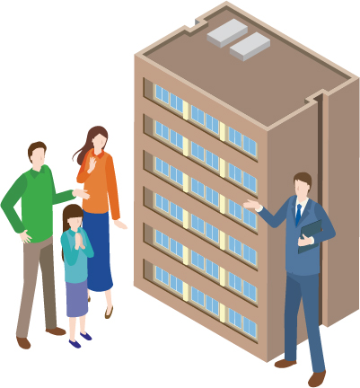 マンションとファミリーと管理者のイメージイラスト