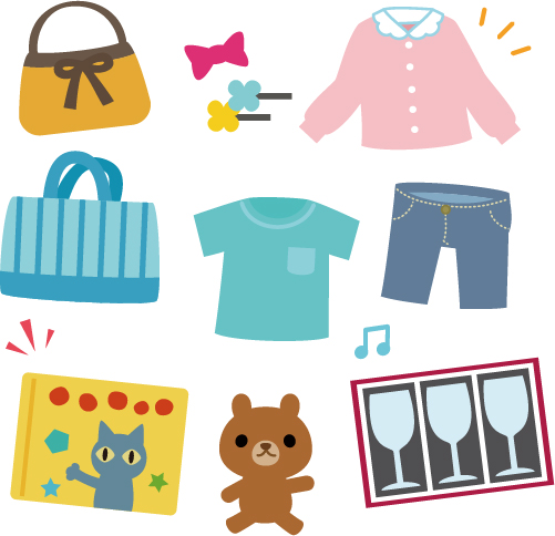 おもちゃ、本、食器、衣服などのイラスト