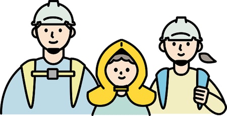 防災頭巾やヘルメットをかぶった家族のイメージイラスト
