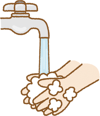 石鹸を泡立てて水道で手を洗うイラスト