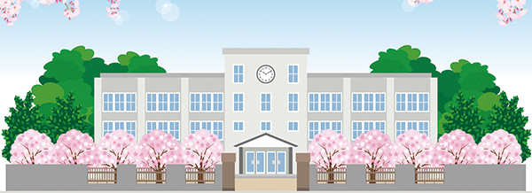 校舎と桜並木のイラスト