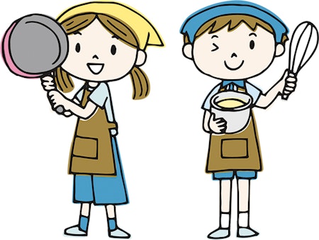 エプロンと三角巾をつけてフライパンや泡だて器・ボウルを持っている学生のイメージイラスト