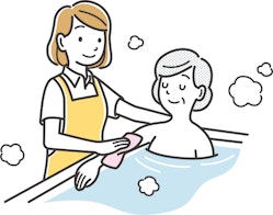湯船につかる高齢者の身体を洗う介護者のイラスト