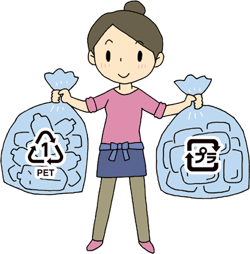 ペットボトルとプラスチックのゴミ袋を両手にもつ人のイラスト