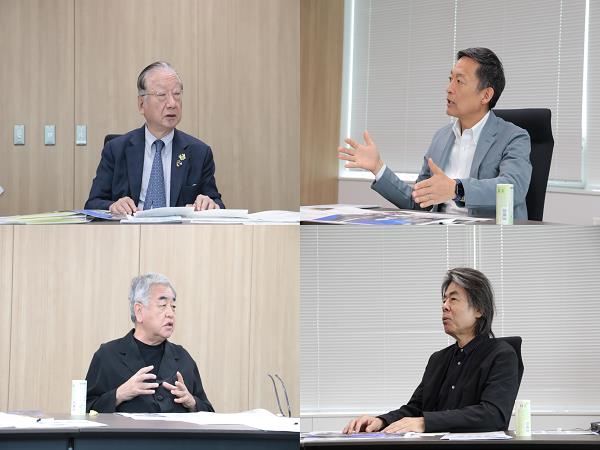 画像：長谷部区長、滝久雄氏、隈研吾氏、日比野学長が語らう様子
