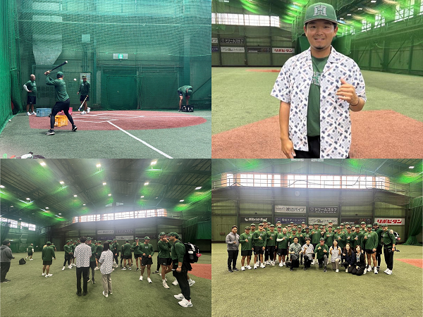 ハワイ大学野球チーム「レインボー・ウォリアーズ」の練習風景 、画像右上:冨井翼選手