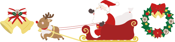 クリスマスのベル、リース、トナカイとサンタクロースのイラスト