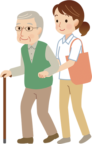 杖をついて歩行する高齢者を介助するイラスト