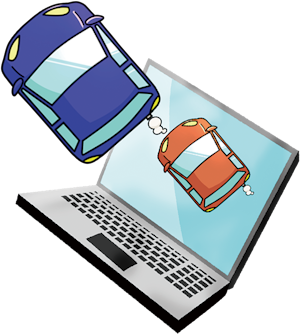 ノートパソコンと走る車のイラスト