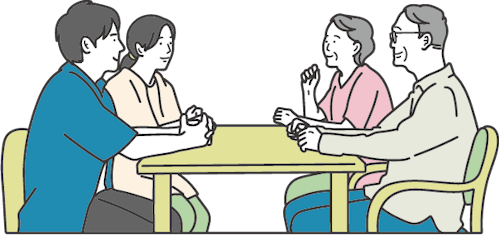 老若男女が集まって意見交換をしているイメージイラスト