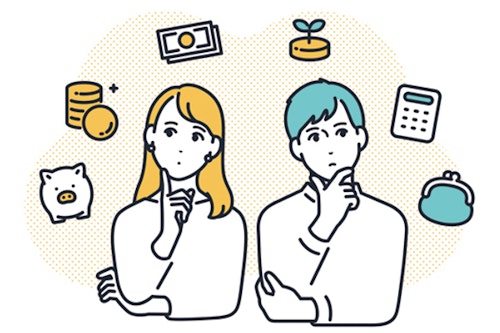 お金について考えている人たちのイメージイラスト