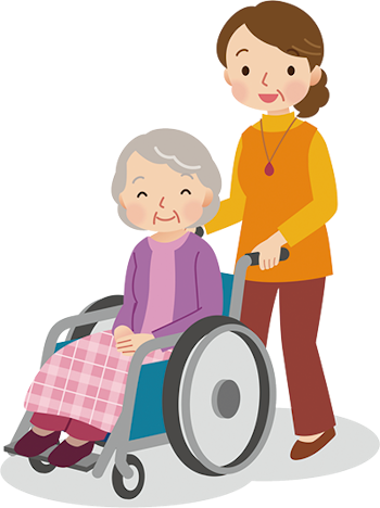 高齢者を乗せた車いすを押しているイラスト