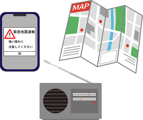 ラジオ、緊急地震速報の表示されたスマートフォン、紙の地図のイラスト