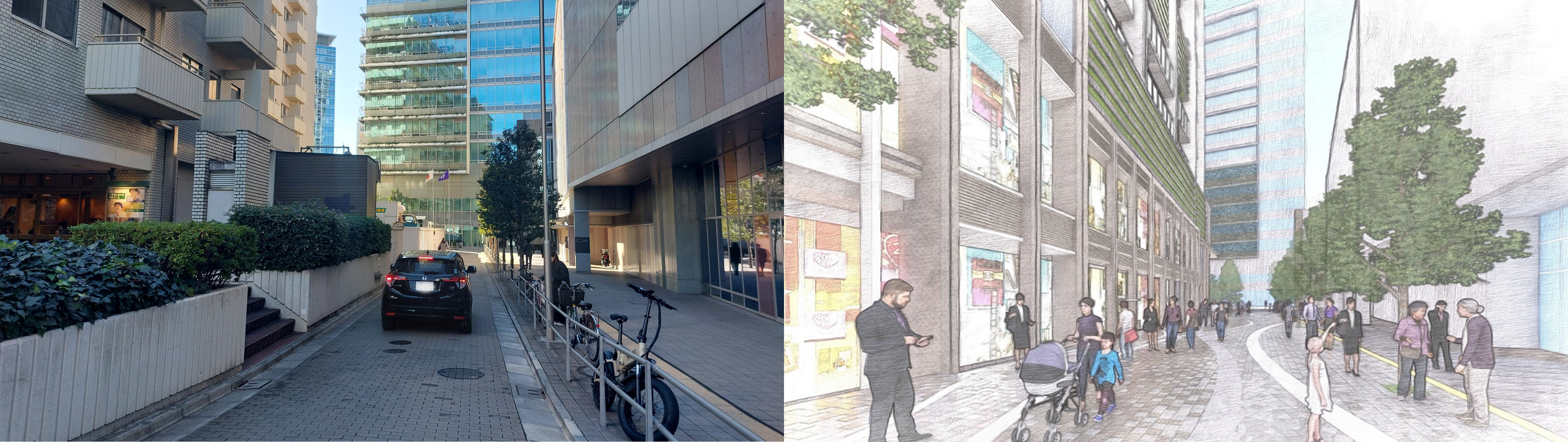 公園通りから渋谷区役所を望む現況と神南2丁目宇田川町地区まちづくり将来整備イメージ