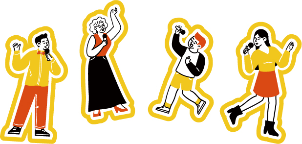 マイクを持って歌う老若男女のイメージイラスト