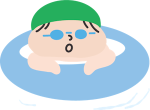水泳帽とゴーグルを着けて浮き輪につかまっている子どものイラスト