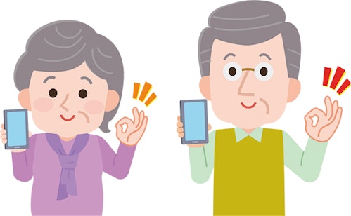 右手にスマホをもち、左手でOKサインをする高齢者のイメージイラスト