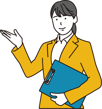 クリップファイルを左手に持ち、右手で案内のしぐさをする人のイラスト