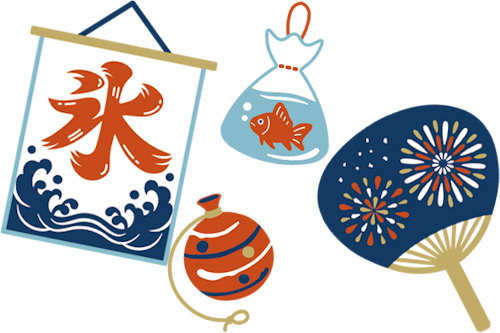 氷旗、水風船、金魚すくいの金魚、うちわなどお祭りのイメージイラスト