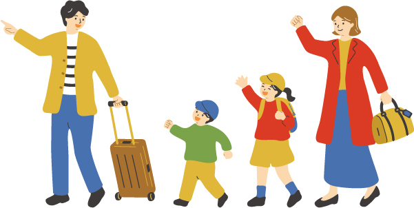 旅行かばんやキャリーケースを片手にレジャー施設へ向かう4人家族のイメージイラスト