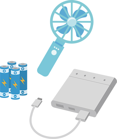 ハンディファン、リチウムイオン電池、モバイルバッテリーのイラスト
