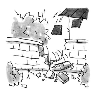 An illustration of a brick wall collapsing