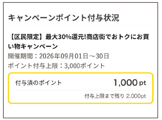 ハチペイアプリ「キャンペーンポイント付与状況」画面 イメージ
