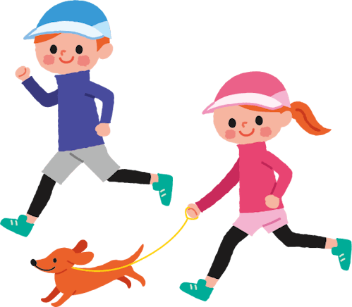 ランニングウェアを着て犬のリードを持ちながら走る人のイラスト