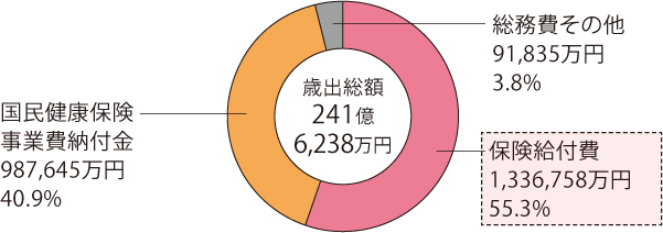 歳出総額241億6,238万円 保険給付費1,336,758万円 55.3% 国民健康保険事業費納付金987,645万円 40.9% 総務費その他91,835万円 3.8%