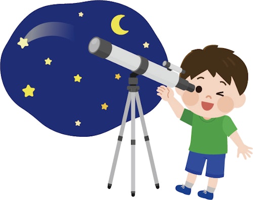 望遠鏡をのぞいて星空をみる子どものイラスト