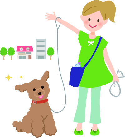 リードと排せつ用の袋をもって犬を散歩させる飼い主のイラスト