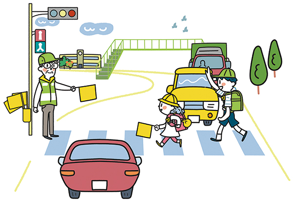 交通安全旗をもち手をあげて横断歩道を渡る子どもたちのイラスト