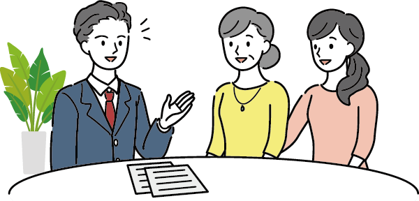 相談会にて弁護士の説明を受けている人たちのイメージイラスト