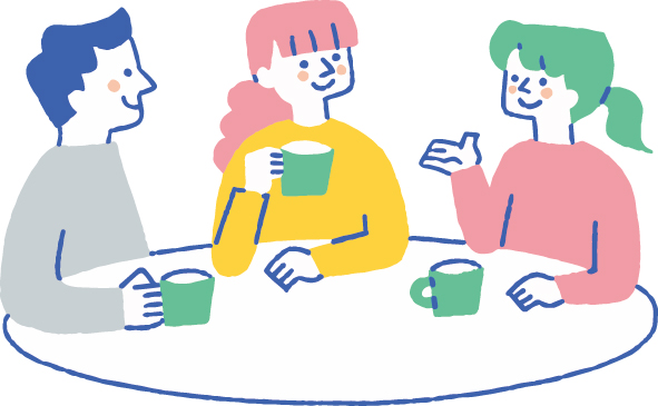 テーブルで飲み物を飲みながら対話する人たちのイメージイラスト